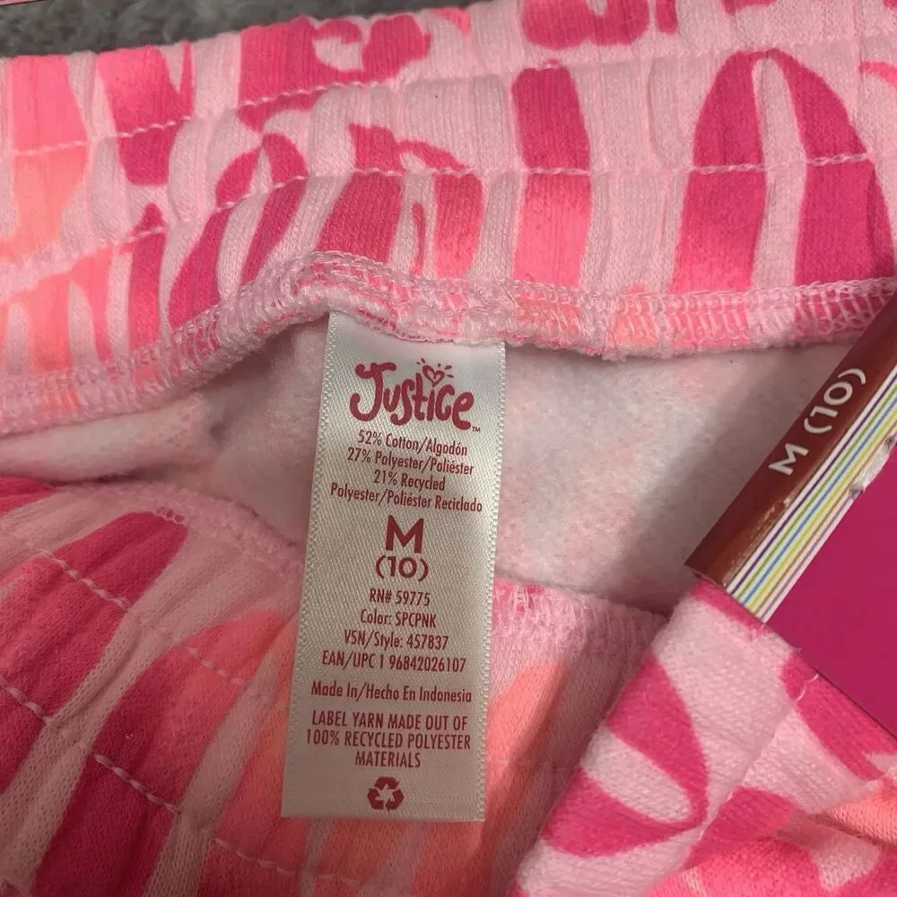 Justice Joggers Girls‎ Size M 10 Pink Peace Love Justice Graphic Fleece NWT